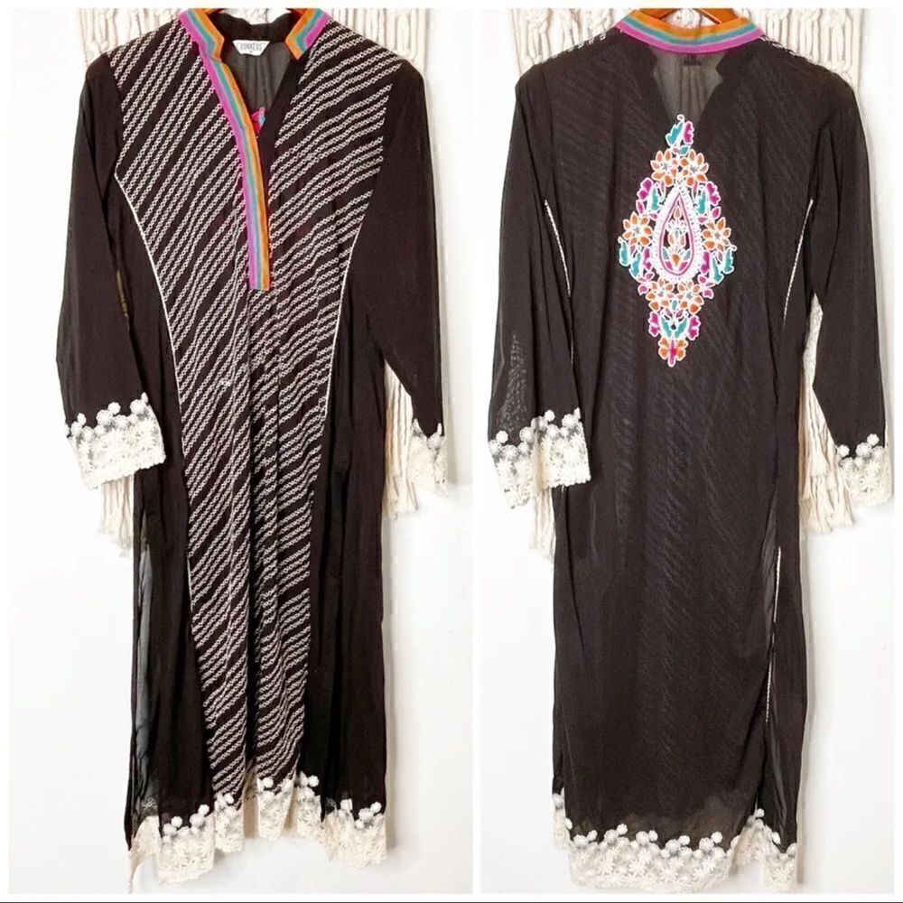 Pakistani / Indian Long Dress Embroidered Beaded Lace Wedding & Party Wear SZ M